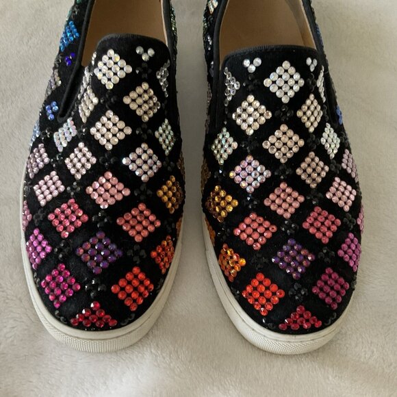Christian Louboutin Multicolor Crystal Sneakers 7.5 Ladies Black Boat Roller - Picture 2 of 14